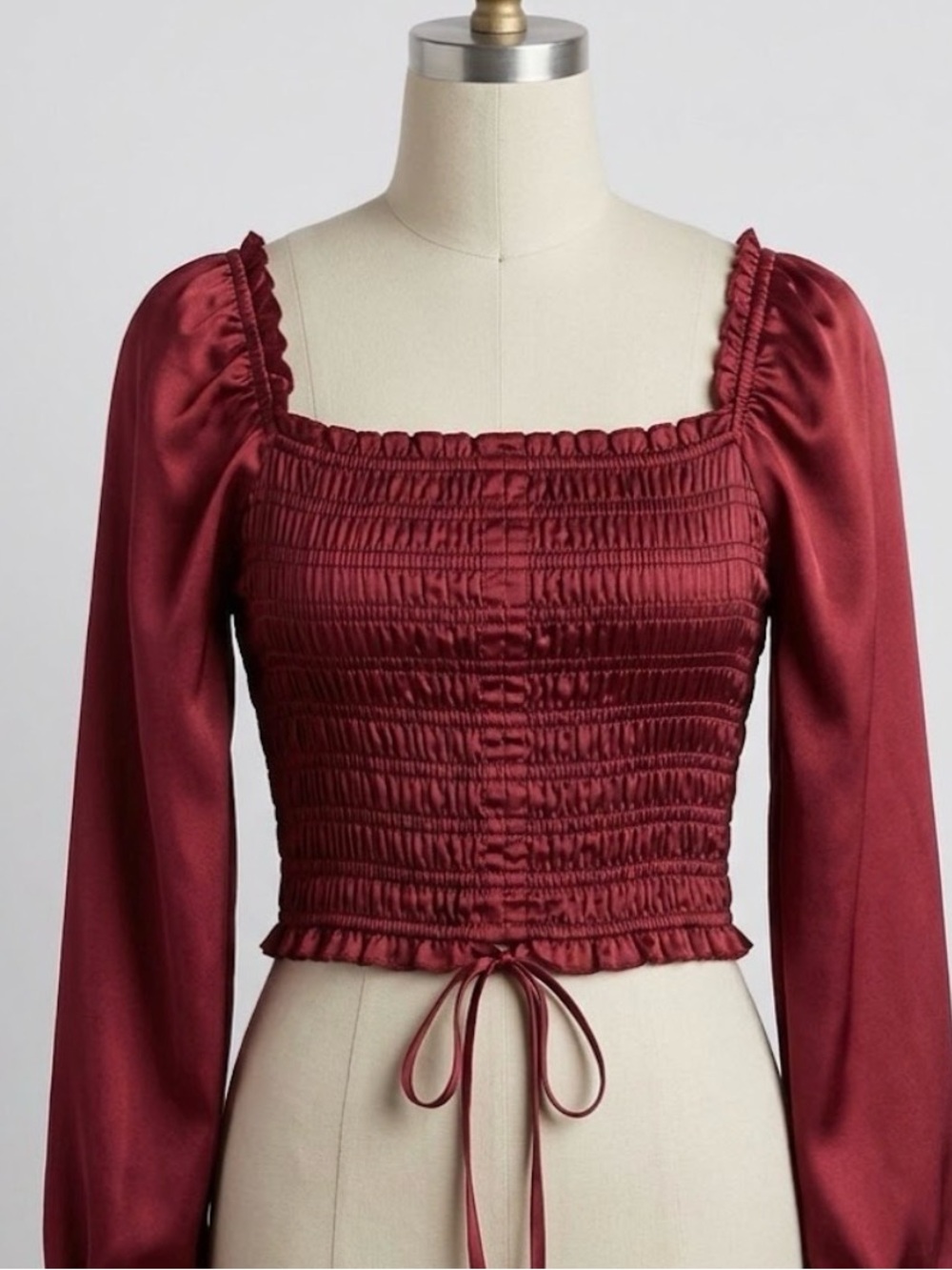 Japna Red Puff Sleeve Smocked Blouse